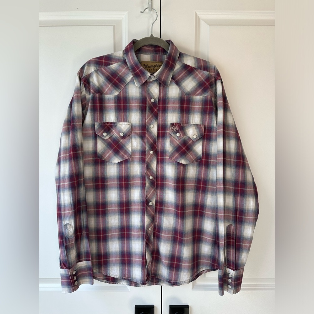 Wrangler Men’s Retro Plaid Pearl Snap Button Down Red White Blue Size Large